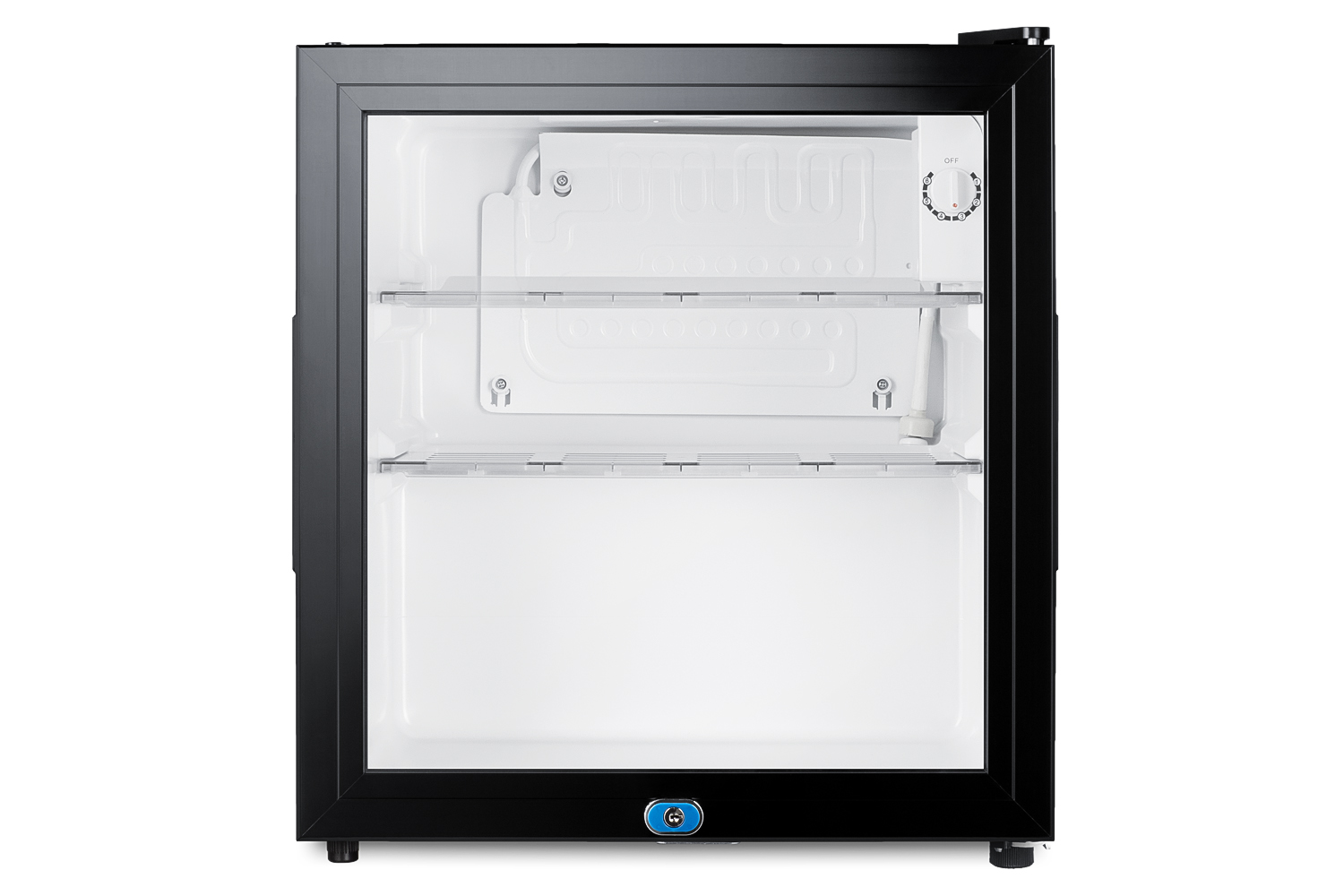 Compact minibar with reversible glass door, front lock, and glossy black cabinet